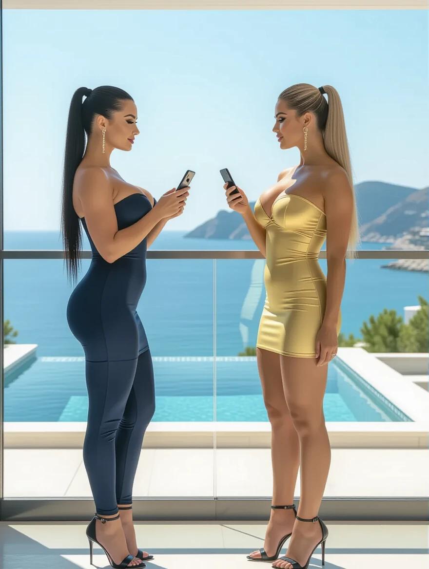 Two fit and curvy tall women stand face to face. Both have hourglass figures. One has black straight ponytail hair wearing a navy dress. The other has blonde straight ponytail hair in a gold dress. They hold iPhones in their hands. The background showcases a luxurious balcony view. The scenery includes a swimming pool and the blue sea.