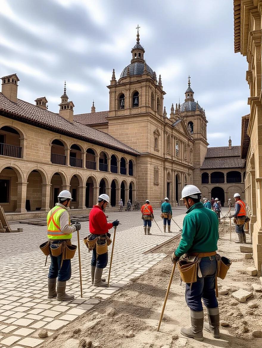 Construction site of El Escorial shows workers and artisans performing tasks. Attention to historical accuracy in attire and tools. Cobblestone courtyard with buildings in background.