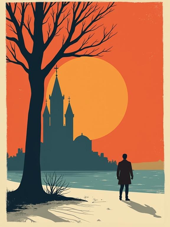 Flat minimalist front book cover design inspired by The Great Gatsby. Clean vector illustration of a silhouette walking towards a castle under an orange sunset. Geometric sans-serif typography for title and author. Emotional, symbolism-driven layout.