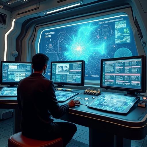 Futuristic wallpaper depicting a high-tech science lab. Holographic monitors filled with data are prominently placed on the console. The viewpoint is from a seated individual at the controls, immersed in the information displayed on the screens.