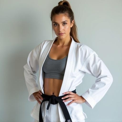 Young woman in karate gi strikes a fitness pose. Karate jacket is opened and she wears a grey sports bra. She has impressive abs and a toned physique. Hands are on hips with hair tied back in a ponytail. Background is a plain light-colored wall to focus on her.