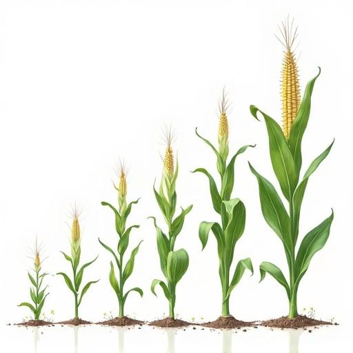 Seven separate illustrations showing the growth stages of a corn plant. Each stage depicted distinctly with a white background and in vector style.