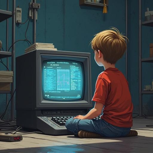 A boy seated before a vintage computer with a monitor displaying coding data. The boy looks intrigued. The room has a nostalgic feel with shelves and retro decor.