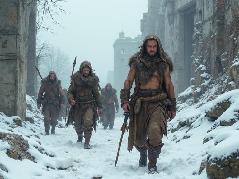 Photorealistic scene depicts tribal hunting group from post-collapse civilization. They traverse snow-covered ruins of a city. Figures show signs of urban ancestry, with pale to light olive skin and meaningful tribal tattoos. Their clothing is layered, made from hand-crafted materials and old fabrics. They carry primitive hunting tools. The setting features winter light, overcast sky, and overgrown ancient structures.