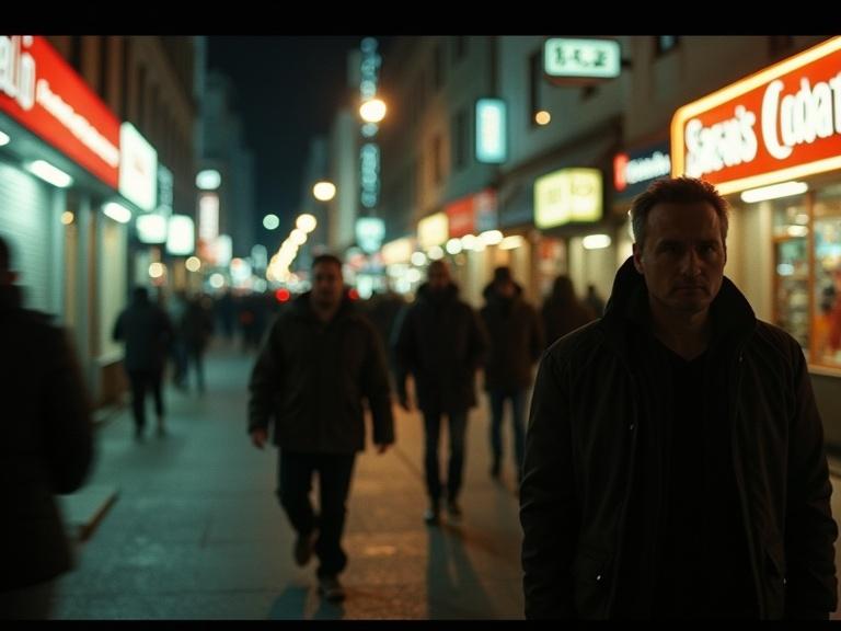 Long shot showing a city street at night. Scene features people walking with impassive expressions. Neon and sodium lighting creates dramatic shadows. A man stands in the foreground looking stoic. The blurry effect simulates a vintage VHS look reminiscent of the 1980s.