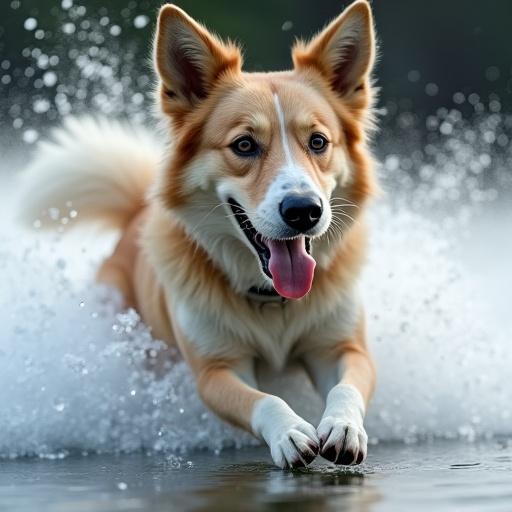 Dog running through water with splashes. Focus on dog's face. Background soft and blurred.
