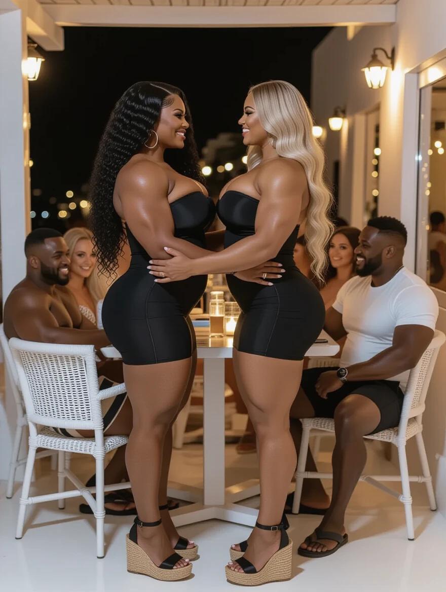 Two muscular women stand intertwined. One has long black curly hair. The other has long blonde wavy hair. Both wear tight black dresses. They embrace and gaze at each other. Mykonos bar is full of people at night. Two chubby men observe the scene.