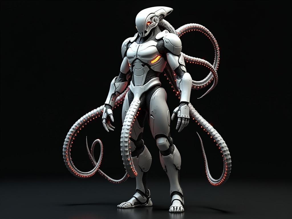 An organic fleshy subsurface scattering tentacle creature with six tentacles in a sleek sci-fi bio-organic silver metallic mechanical exo suit. Suit features reddish-orange LEDs, wires, and sharp mechanical parts. Studio setting with a dark black background.