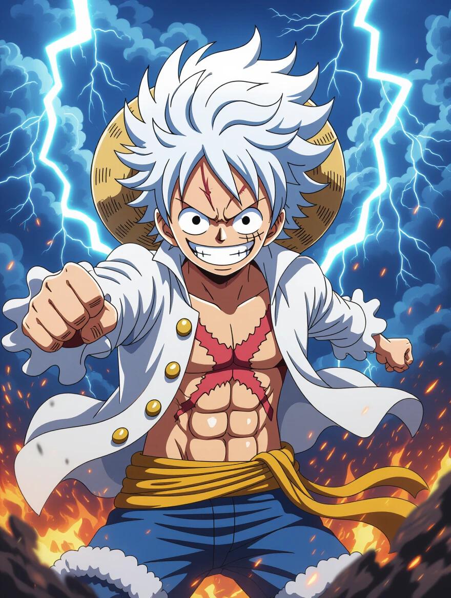 Monkey D. Luffy in Gear 5. Wild white hair flowing. Spirals in large eyes. Big smile. Open coat with gold buttons. Exposed muscular chest. Straw hat on back. Fist extended. Surrounded by storm clouds and lightning. Dramatic lighting. Fire sparks. Intense wind. Anime-realistic style. High dynamic range. Epic mood.