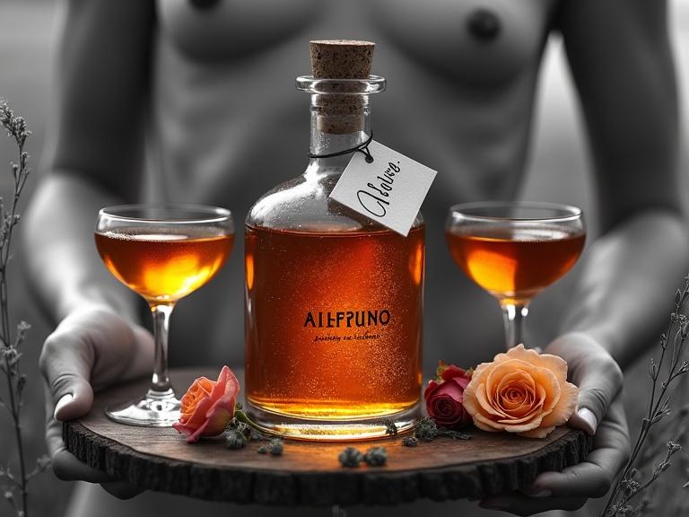 Captivating selective color art piece showcases golden-reddish shimmering color against black and white background. Close shot features apothecary-style bottle labeled 'ALFRUNO' on wooden plate. Three beautiful shirtless Venus figures recline in wildflower field. They wear translucent silk wraps. Bottle radiates golden-reddish glow. Cork lid sits atop. Hang tag displays 'ALFRUNO'. Two identical cocktail glasses flank the bottle. Surrounded by roses and herbs. Rough sketch rendering with mixed media and perfect composition.
