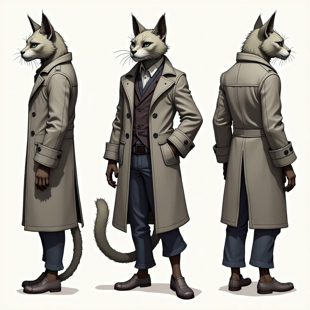 Fantasy style sinister character turn-around sheet of a cat merchant. Shows multiple angles and poses. Character is wearing a coat.