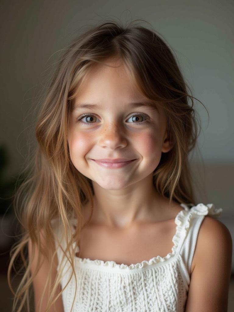 A young girl stands facing the camera. The child has long, wavy hair. The background is soft and neutral. The girl wears a white sleeveless top.