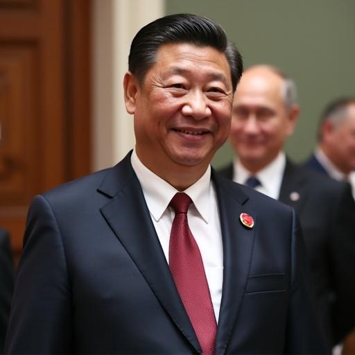 Image of Xi Jinping smiling in a formal suit. Background shows a gathering of leaders. Focus on his expression and attire.