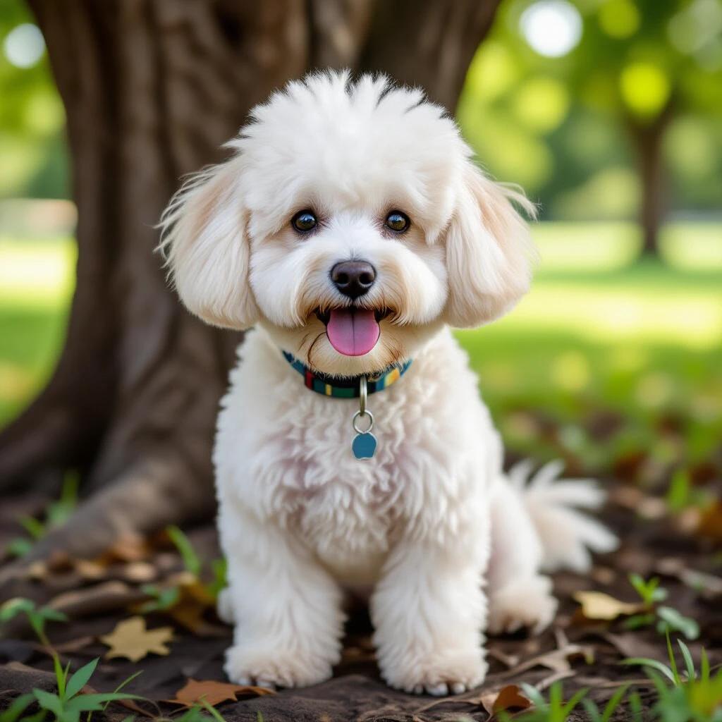 Bichon Havanese dog sitting outdoors. Dog is under a shade tree. Green grass and brown leaves on the ground. Fluffy white fur visible.