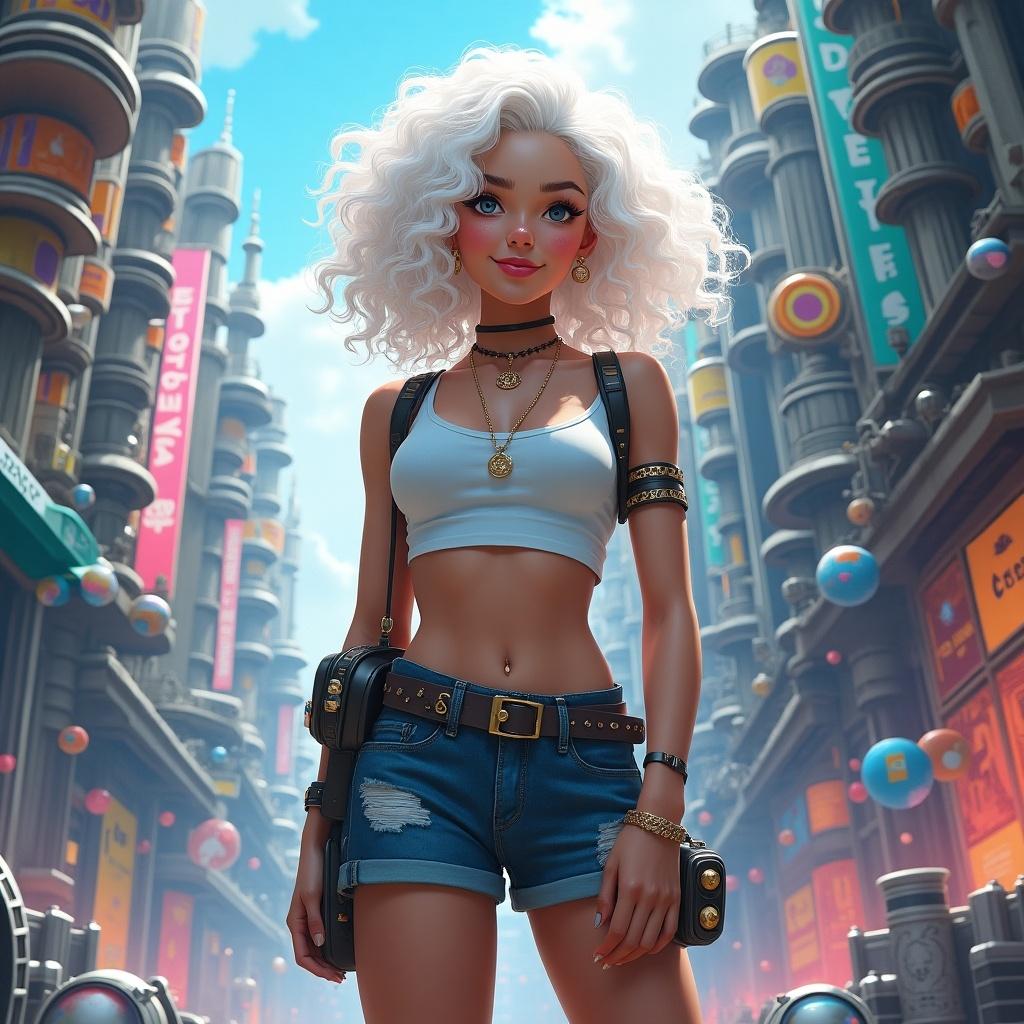 Digital artwork showcasing a young woman with curly white hair in an Aetherpunk setting. The scene features a vibrant urban background with futuristic elements and fashion.