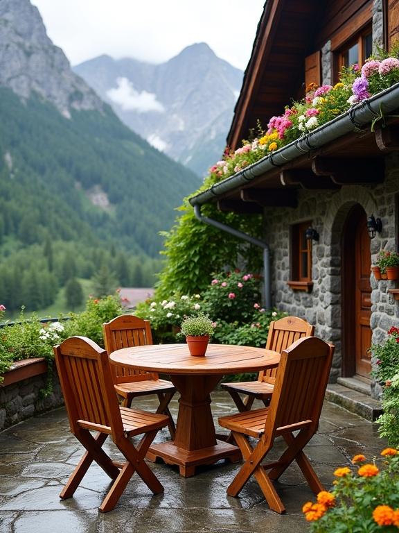 Charming outdoor patio area in a mountainous setting. Features a wooden round dining table and four chairs. Surroundings include a stone cottage with vibrant flower arrangements. Mountains and mist in the background.