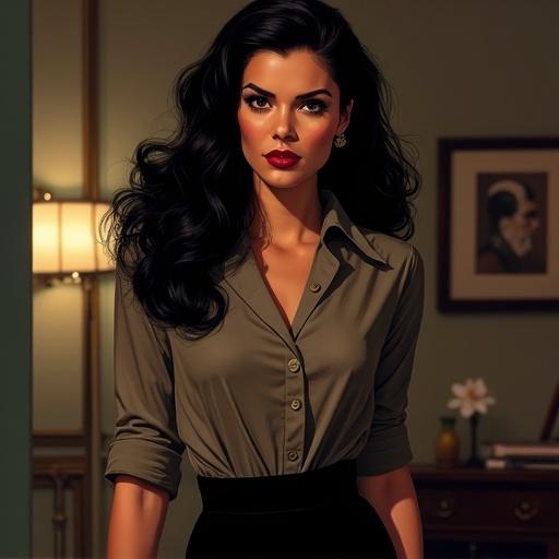 A medium-wide portrait in the style of pulp/noir illustration inspired by Krys Decker. A striking Latin American woman in her 20s stands confidently exuding poise and charisma. She has long dark flowing hair and expressive eyes. She wears vintage attire maybe a fitted blouse or stylish dress evoking the sharp glamorous look of a writer or editor in a smoky office. She makes bold eye contact with the viewer framed in rich color with cinematic lighting and shadow.