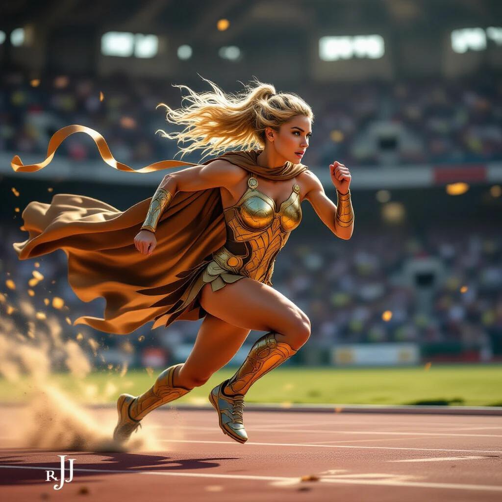 A scene of a beautiful female athlete inspired by Atalanta from Greek mythology. She sprints at full speed across a medieval stadium. Golden hair and flowing cape trail behind her. Sunlight glints off ornate armor. Dust rises with powerful steps. Muscles tensed in motion, skin glowing with sweat. Focused expression radiates strength. Captured from low angle with motion blur. Ribbons and magical particles swirl around her. Flags wave in the distance, sun rays pierce through dust.