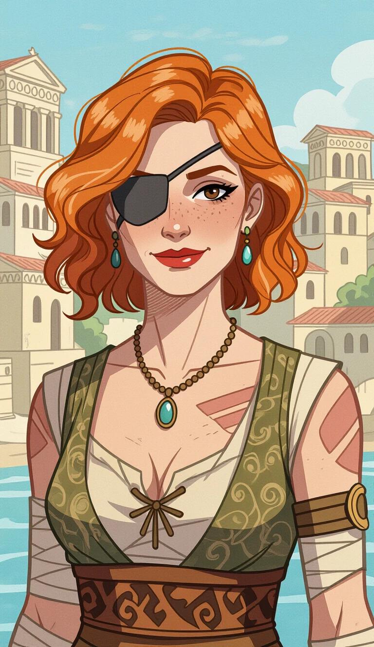 Dark watercolor illustration features female character with short strawberry blonde hair styled in beach-waves. Character has brown eyes with one eye covered by a patch. A false smile is present. Notable features include a scar on the chin and neck along with bandages on the chest. The necklace has a single stone. Background showcases an Ancient-Grecian-Fantasy city. The character is dressed in fantasy ancient-Greek-style attire. Image is presented in a 3/4 side view.