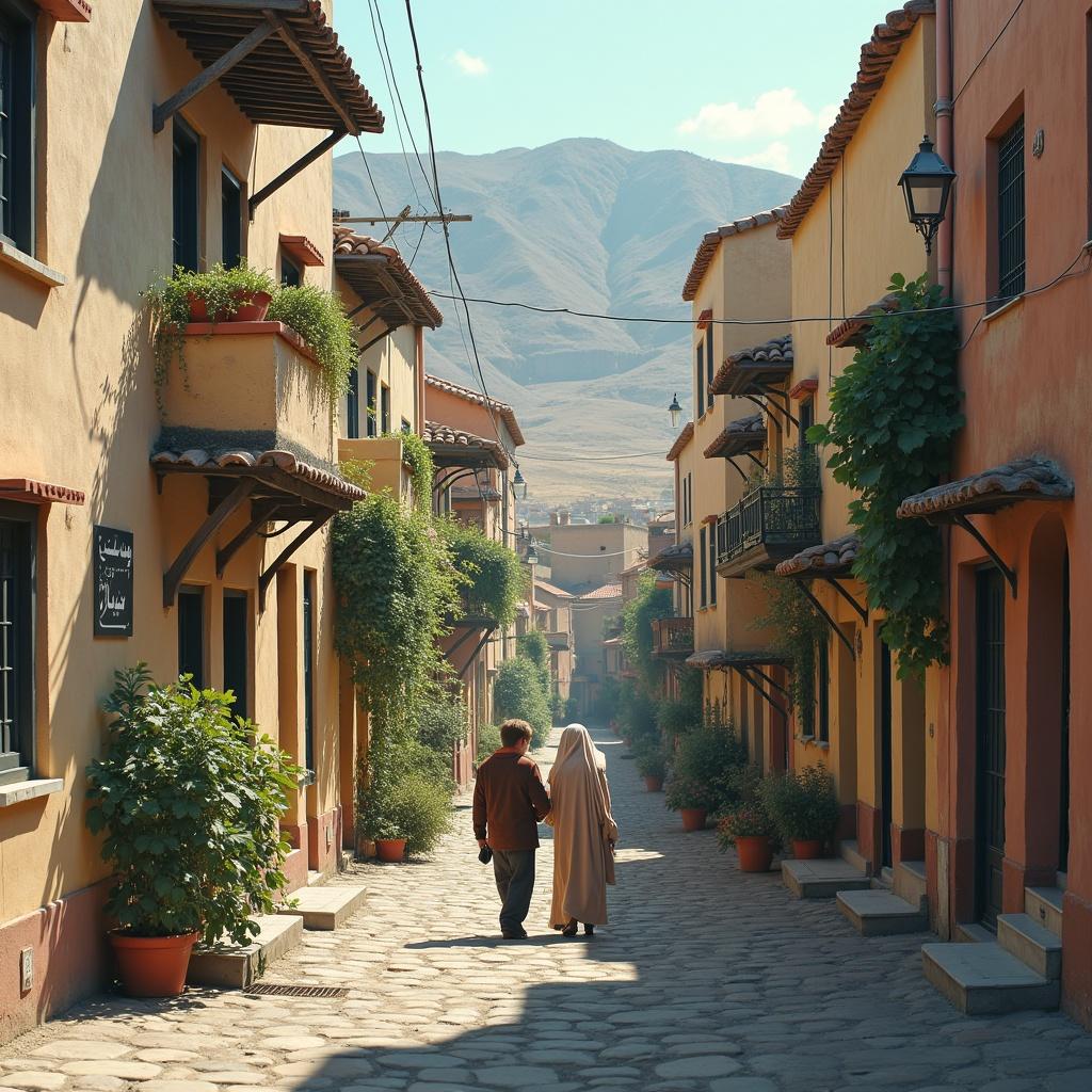 A narrow street lined with colorful buildings. Two individuals walking together. Lush greenery along the sides. Mountains in the background. Soft natural lighting.