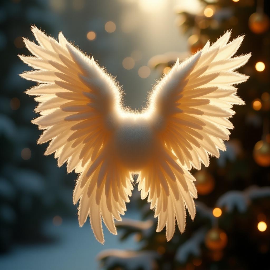 Angel wings depicted in a magical Christmas atmosphere. Fluffy and radiant in appearance. Warm lighting creates a heavenly effect. Background features a Christmas tree. Detailed wings suggest divine presence.