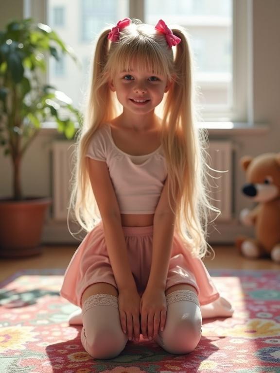 A young girl with long blonde hair and pink bows kneels on a colorful rug. She wears a short crop top and a pale pink skirt. Her socks have lace details. A teddy bear is nearby. The room has soft lighting and plants in the background.