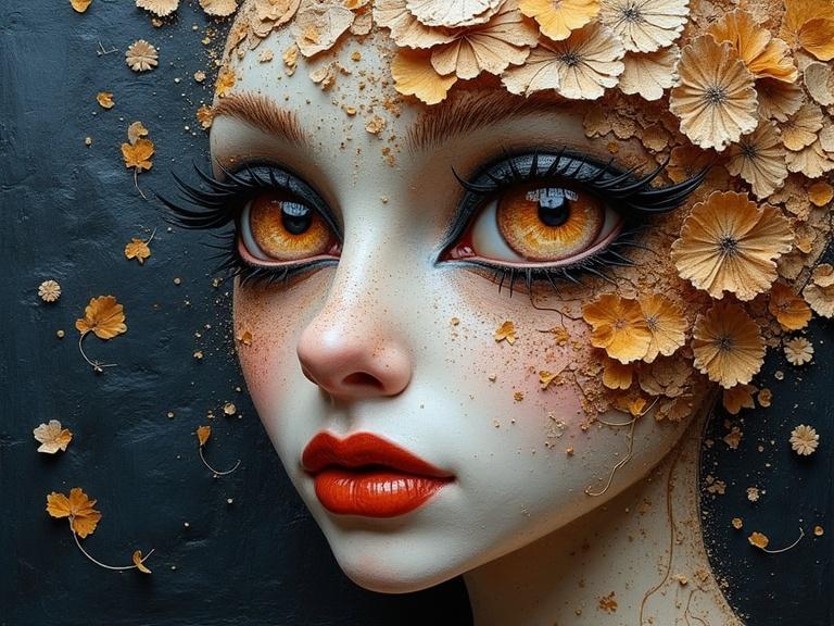 A 3D multi-layered portrait of a woman surrounded by floral elements. Detailed oil painting textures. Use of mixed media with a combination of newspaper, wood, and confetti. Emphasis on thick impasto and a dark color palette. Beautiful and magical composition with a stunning appearance.