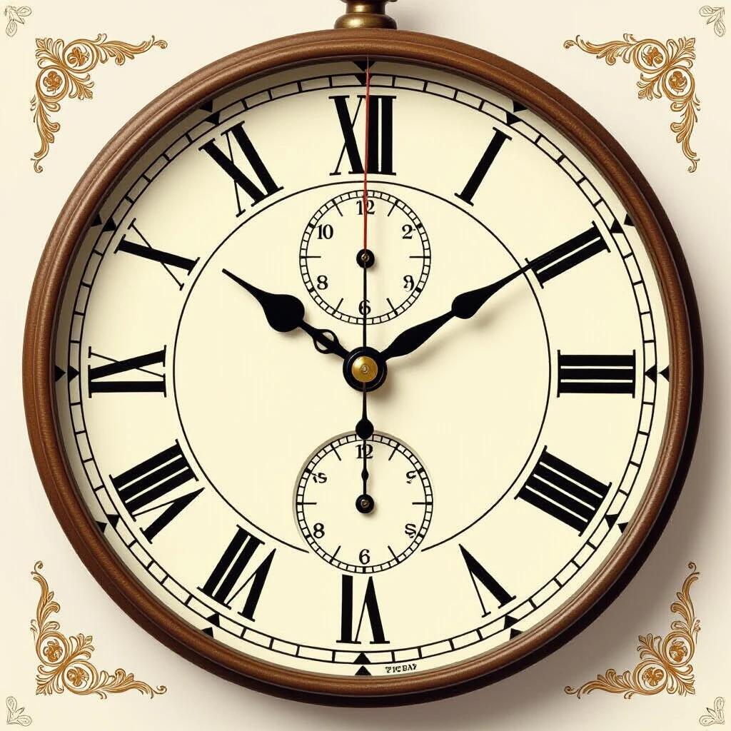 A vintage clock showcases intricate designs. The clock features Roman numerals. The clock has two small dials in the center. The main hands are artistic and elegantly styled. The frame is made of polished wood with ornate details.