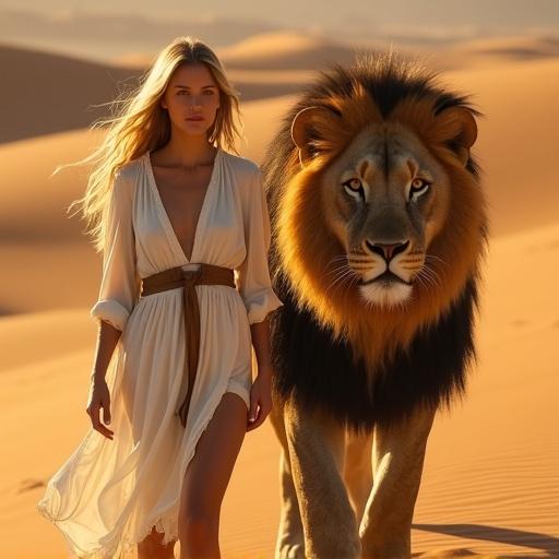 A woman walks alongside a large lion in a desert. Their bond is evident. The horizon casts warm light creating shadows. The sand is rich orange, indicating sunrise or sunset. The woman has long blonde hair and wears a flowing white dress.