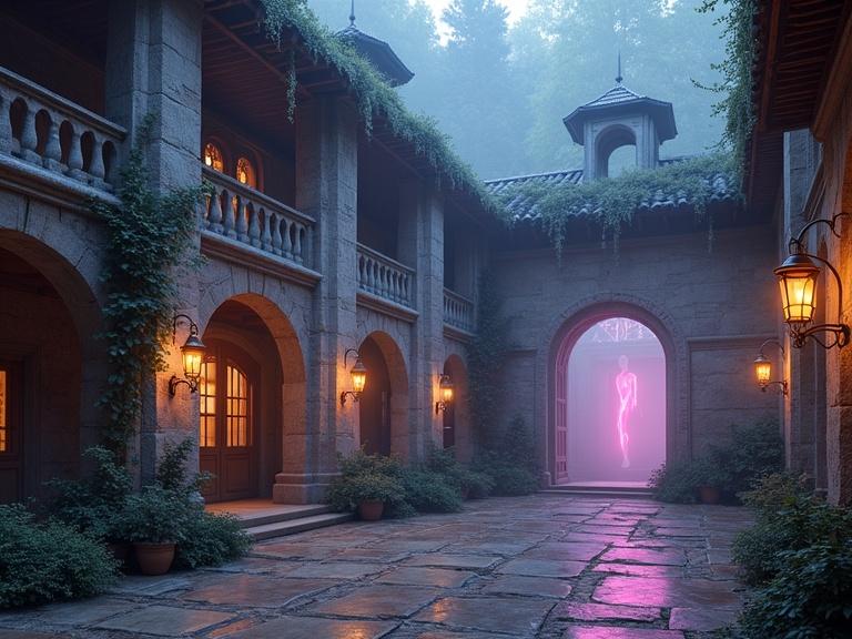 A mystical courtyard with stone architecture. Lanterns glow warmly on the walls. A figure appears as a hologram at the end of the courtyard. The scene is shrouded in mist creating an ethereal atmosphere.