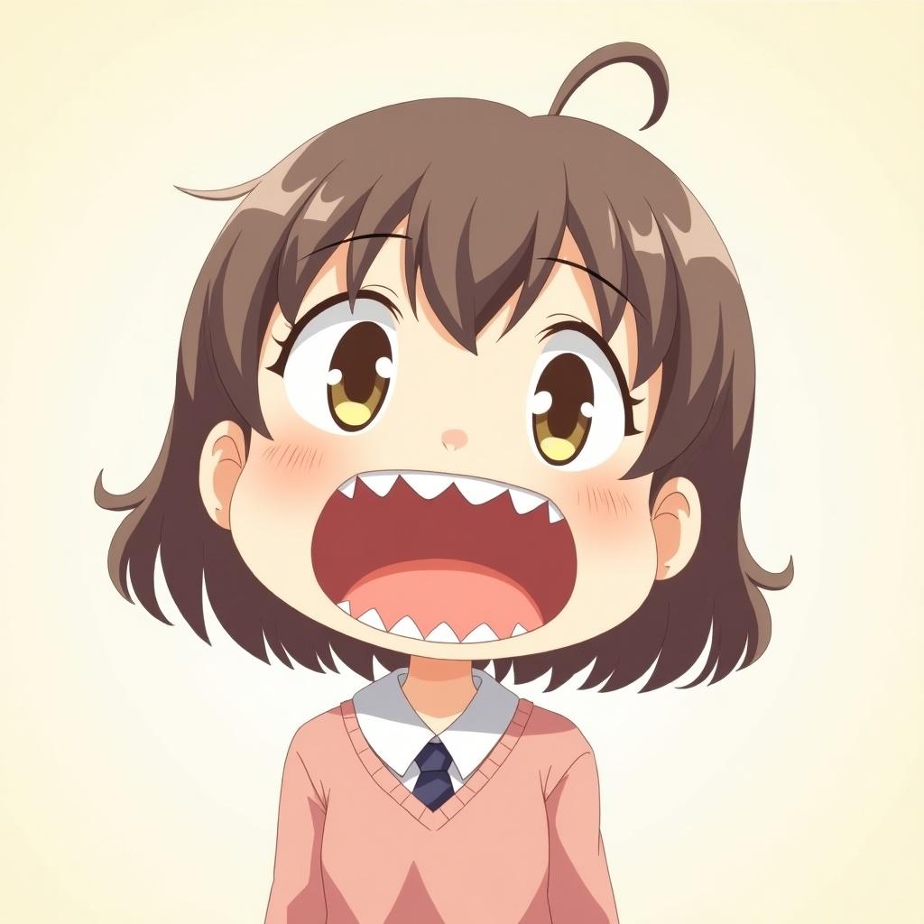 Cute anime kid girl with sharp teeth. Cartoonish character features a round, light color. Character smiles and displays playful expressions.