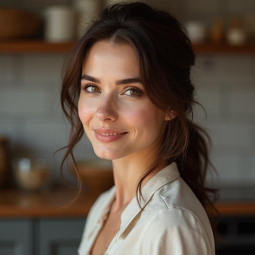 Portrait of a brunette woman smiling in a kitchen environment. She has long hair and wears a light-colored shirt. Background features kitchen elements.