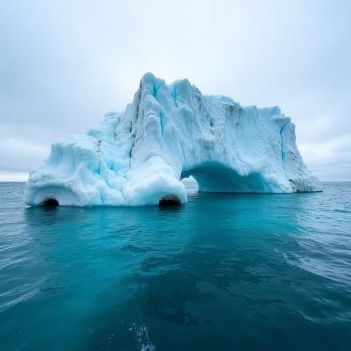 Large iceberg floats in the ocean under an overcast sky. Iceberg features jagged and smooth textures with two dark holes near the bottom. Turquoise water surrounds the iceberg with small waves. Distant horizon line. Iceberg appears partially melted with dark streaks. Natural light illuminates the scene. No people present. Calm and serene atmosphere.