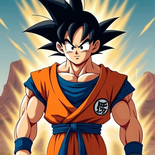 Illustration of a powerful male anime character. Character shows determination and strength. Bright color scheme with prominent blue and orange attire.