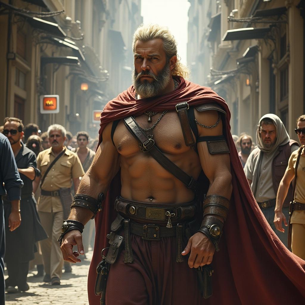 Strong male figure in a cape stands in a crowded street. Scene has ancient or mythical ambiance. Expresses confidence and strength. Includes diverse crowd in background. Historical or fantasy theme. Set in a narrow street with buildings lining the sides.