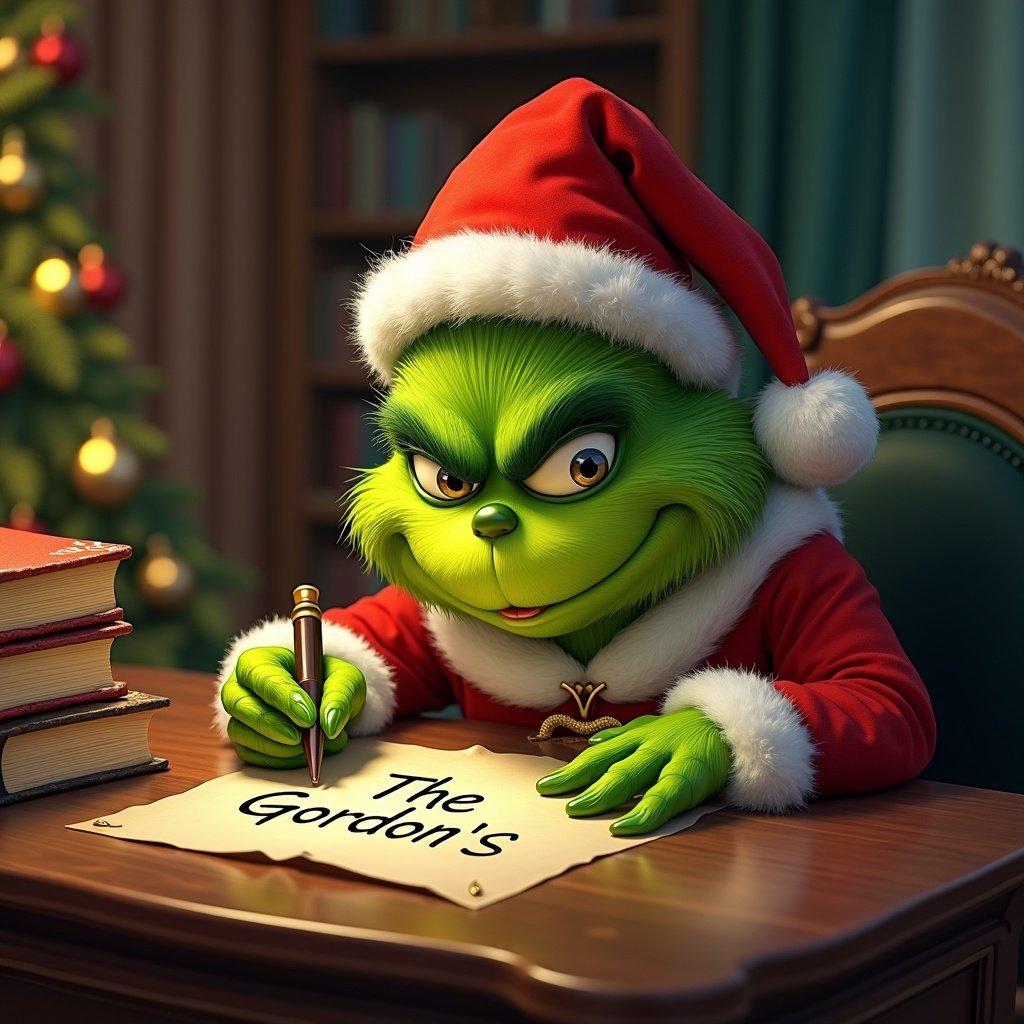 The Grinch with green fur wears a Santa outfit. The Grinch writes The Gordon's on a parchment. Books and a cozy chair provide background.