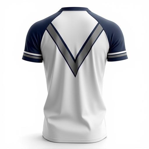 Realistic image of a short-sleeve crew-neck t-shirt viewed from the back. Two-tone design with navy blue on upper part and white on lower. V-shaped band in light grey with thin white stripes above and below. Sleeves have matching bands. Circular shape on back contains text 'YOUR LOGO HERE' in yellow on black background. Plain white background.