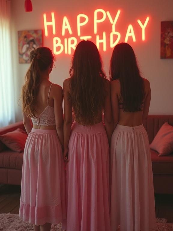 Three girls stand together in a living room. They celebrate a birthday. The room features a neon sign with the words 'HAPPY BIRTHDAY'. The lighting creates a warm atmosphere. They wear long pink skirts. The image is low resolution.