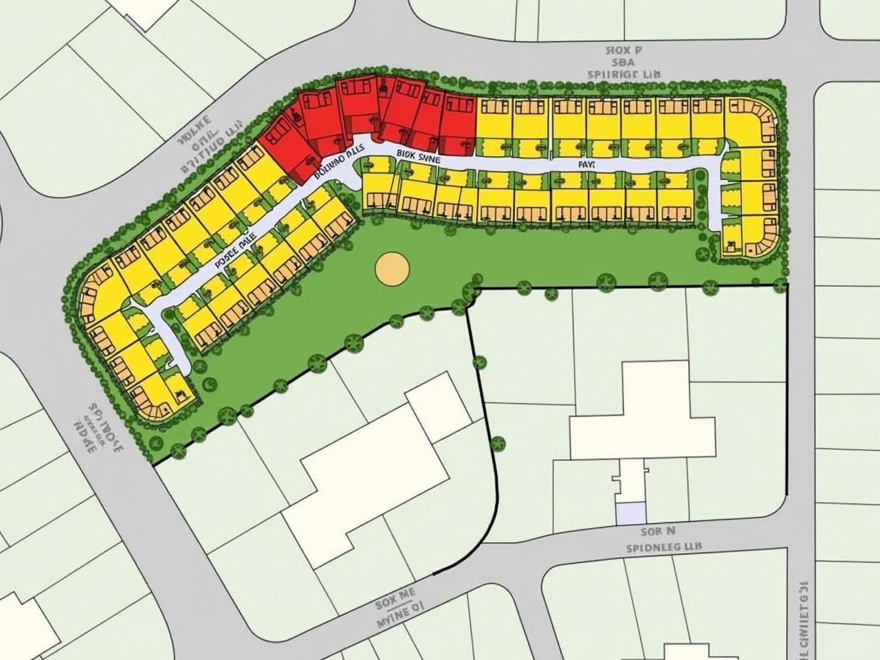 This image is a layout plan of a neighborhood or development area. It shows various colored zones representing different types of buildings and land uses. At the top, there are groups of residential buildings highlighted in yellow and red, indicating houses or apartments. In the middle section, there are green zones likely designated for parks or public spaces. On the lower part of the map, there are larger buildings, possibly commercial or community facilities. Roadways are outlined in a light grey, making it easy to identify streets and pathways in the layout.