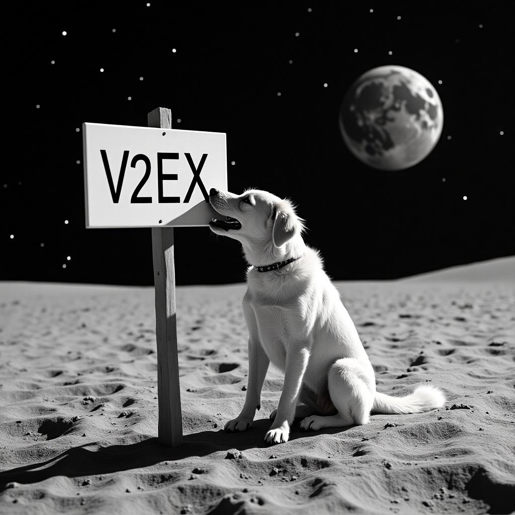 The image features a dog sitting on a lunar landscape with a whimsical touch. The dog is interacting with a wooden sign that has 'V2EX' written on it. The background shows a vast expanse of moon dust and scattered stars, and a large Earth-like planet looming in the distance. The contrast between the bright white dog and the dark space environment creates a striking image. This playful scenario blends elements of science fiction with charming pet imagery.