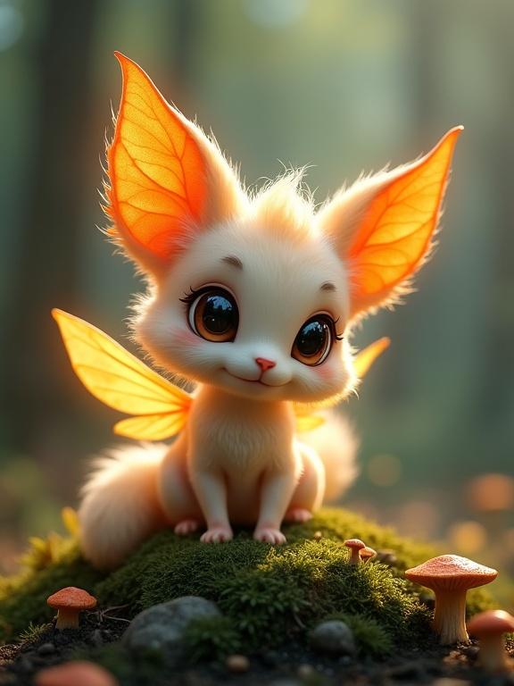 A tiny enchanting creature that resembles a woodland sprite or fae-like being. Delicate features and a magical aura suggest its role as a guardian of a mystical forest realm. Soft fluffy body fur in pale cream or light peach. Large leaf-like ears that are semi-translucent with glowing orange. Enormous glossy black eyes create a sense of wonder. Delicate wings with warm orange and gold hues. Nestled on a mossy rock surrounded by mushrooms. Cool ambient light highlighting its magical glow. Curiosity and caution evident in its demeanor.