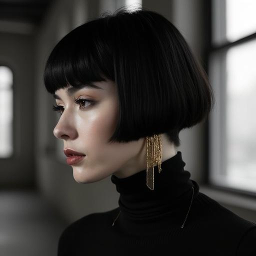 Urban minimalist style with blunt bob hairstyle. Geometric gold hoops adorn the ears. Background features stark monochrome lighting in a loft setting. Profile view highlights hairstyle and accessories.