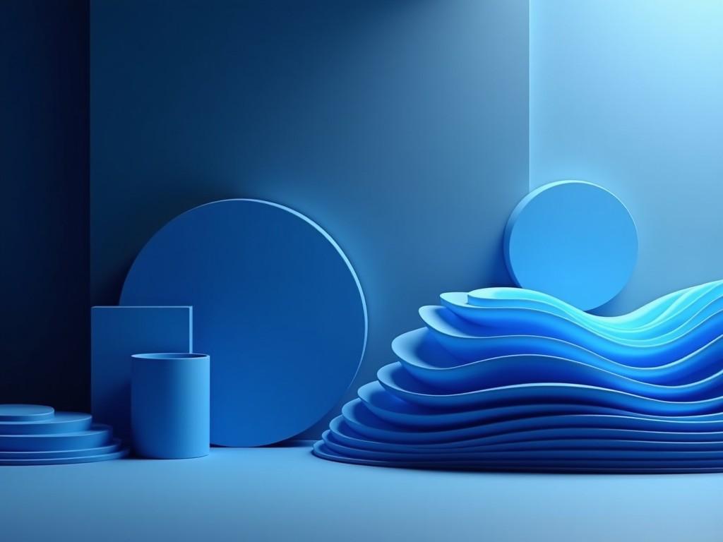 The image showcases an abstract composition with various shades of blue. There are circular and cylindrical shapes, arranged in a fluid manner that creates a sense of movement. The soft, ambient lighting enhances the serene and modern feel of the scene. Layers and curves are introduced to create depth, inviting viewers to engage with the geometric forms. This minimalistic design is suitable for a wide range of creative projects.