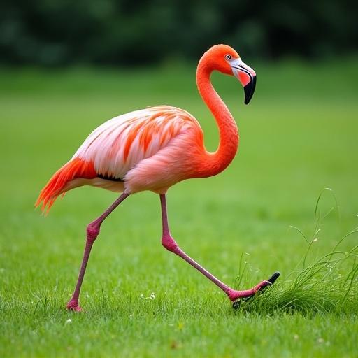 A pink flamingo walks on a green lawn. Its beak is a spinning lawnmower. Grass flies out as it moves. Scene is comical and surreal. Bright daylight highlights colors.