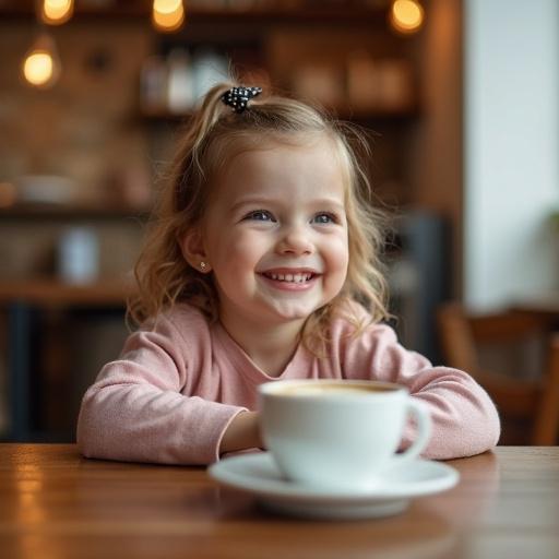 Cute baby girl smiling while sitting in an aesthetic coffee shop. She is looking towards the camera, creating a happy atmosphere. Warm tones and natural light enhance the scene.