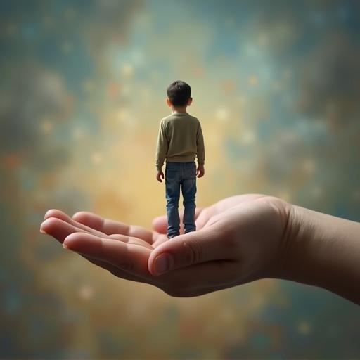 A shrunken man stands on a teenage boy's open palm. The scene conveys a feeling of care and wonder. Soft lighting enhances the dreamlike quality.