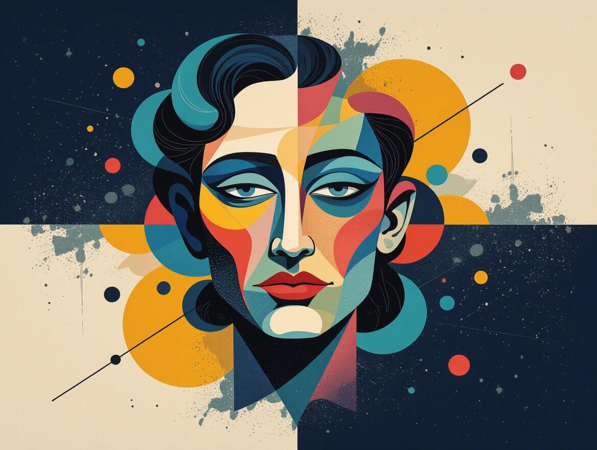 Abstract surrealist artwork featuring a colorful arrangement of shapes surrounding an indistinct human form. Focus on geometric and organic patterns with a harmonious balance of colors. The overall design invokes modern artistic trends with a playful elegance.