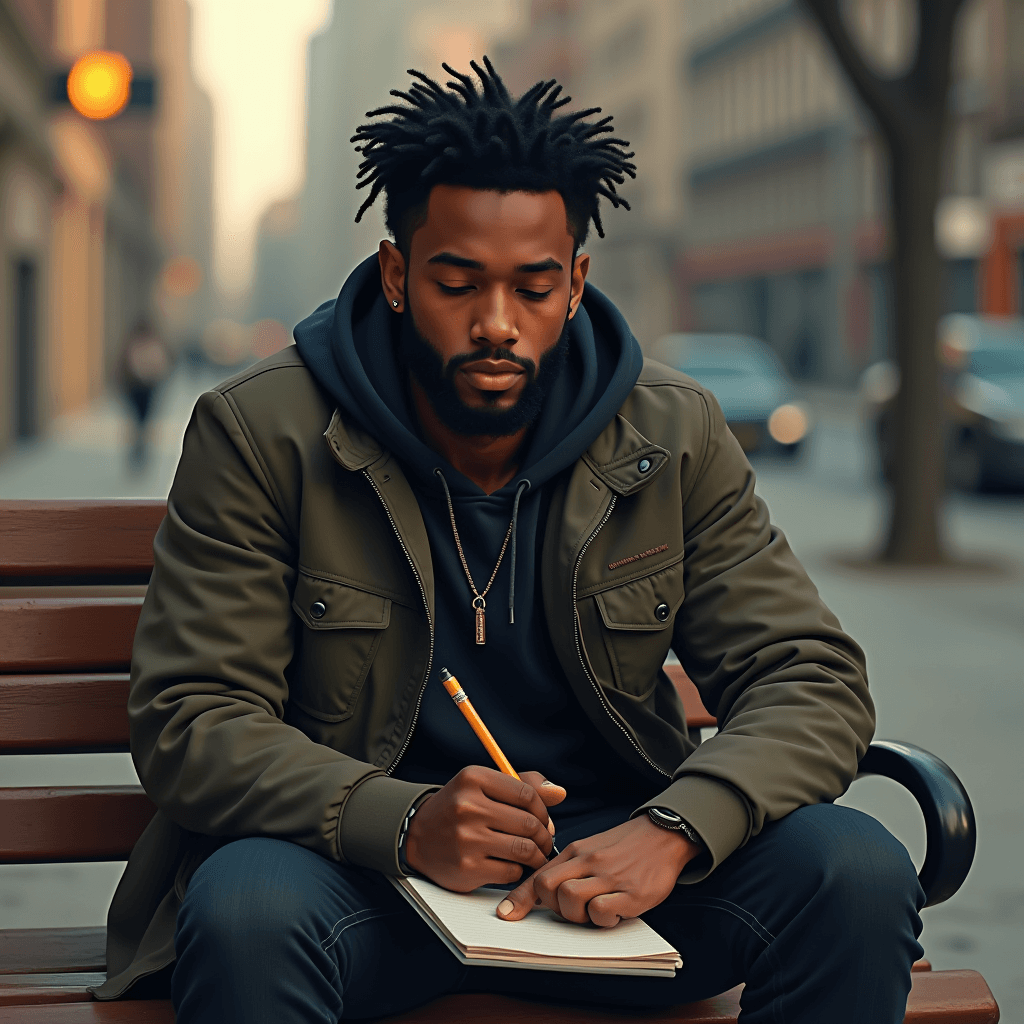 A young man sits on a bench in a city, writing in a notebook.