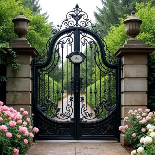 Metal gate measures 8 feet tall 16 feet wide Features ornate design with a plaque Amour displayed in the center Surrounded by a garden filled with pink and white roses