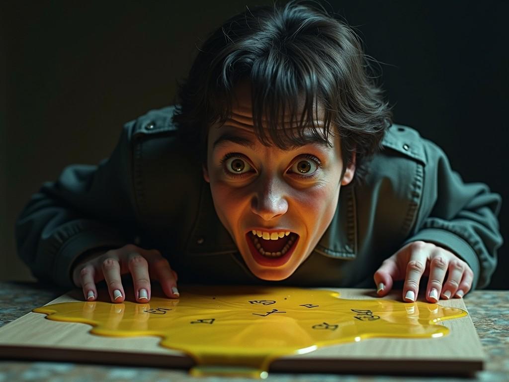 A person leans enthusiastically over a wooden board with what resembles a mysterious golden liquid and symbols. Their wide-eyed, playful expression suggests intrigue and excitement, creating a dynamic scene full of youthful curiosity. The ambient lighting casts soft shadows, adding a hint of drama.